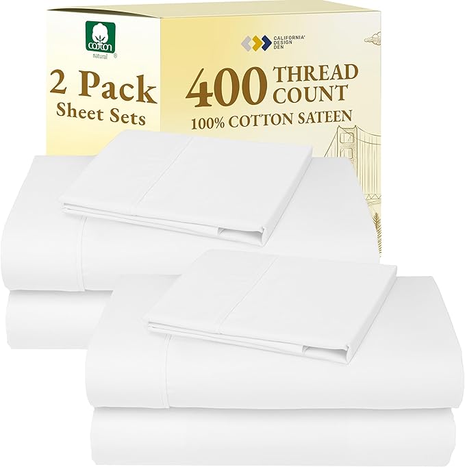 California Design Den Pack of 2 Twin Size Bed Sheets Cotton - 400 Thread Count 100% Cotton Sateen - Soft, Breathable Sheets, 2 Sets of Deep Pocket Bed Sheets - Antique White