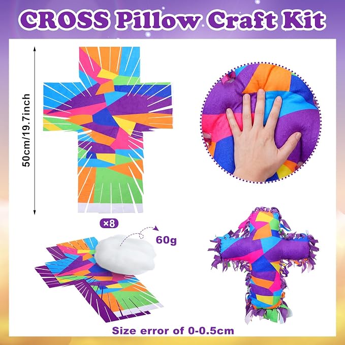 Weysat 8 Sets Religious Cross Tied Pillow Craft Kit DIY VBS Pillow Craft with PP Cotton Gifts for Christian Party Decor VBS School Favors Classroom Giveaways
