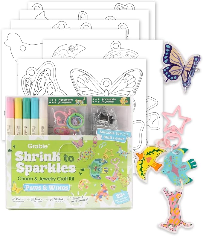 Grabie DIY Shrink Art Craft Kit Jewelry Making Kit for Kids Adults, 25+ Pre-Cut Shapes, 5 Dual-Tip Markers, Custom Charms, Pins, Rings, Keychains (Paws & Wings - Creative Freedom)