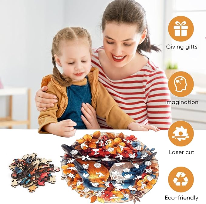 Mys Aurora Wooden Puzzles for Adults, Robin Bird Couple Jigsaw Puzzles 500 Pieces, 16.2 x 16.5 Inch, Royal, Unique Shaped Round Blue Birds Puzzles for Adults and Kids, Family Game