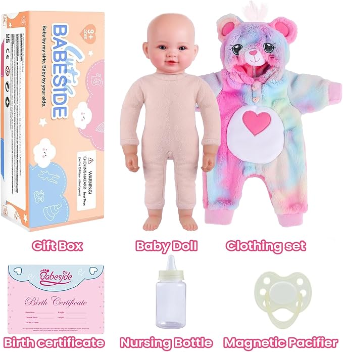 BABESIDE Baby Doll Girl - 17-Inch Soft Body Realistic Baby Doll with Rainbow Bear Outfit Lightweight Real Life Baby Dolls for 3+ 4 5 6 7 8 9 Years Girl Birthday Gifts, Pretend Play and Christmas