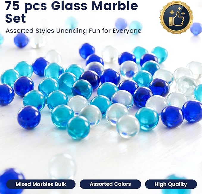 FUTUREPLUSX 75PCS Blue Marbles Bulk, for Kids Marble Run Games, Fillers Aquarium Pebbles