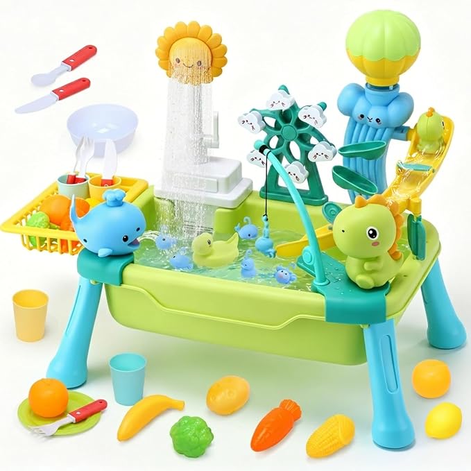CUTE STONE Toddler Water Table for Kids, Kitchen Sink Toy with Running Water & Fishing Game,Water Play Table for Backyard Beach Pool, Summer Gifts for Boys Girls-Dinosaur