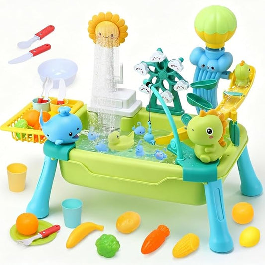 CUTE STONE Toddler Water Table for Kids, Kitchen Sink Toy with Running Water & Fishing Game,Water Play Table for Backyard Beach Pool, Summer Gifts for Boys Girls-Dinosaur