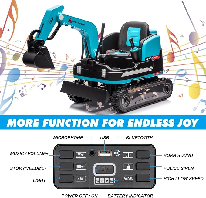JOYLDIAS 360 Degree Rotating Ride On Excavator and Bulldozer,12V12AH Battery Powered Ride On Toy Backhoe W/Track Design Wheels for All Terrain,Remote Control,MP3,Toolbox for Kids,Parent,Blue