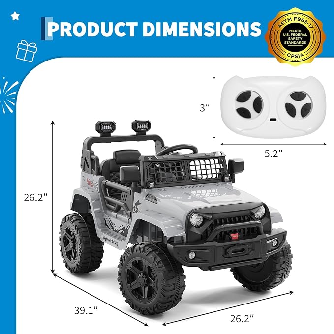 Hetoy 12V Ride on Toys with Parent Remote Control Toddler Electric Vehicle with Spring Suspension, LED Lights, Bluetooth, Music Player, 3 Speeds Ride on Car Truck for Kids Age 3-8 (Grey)