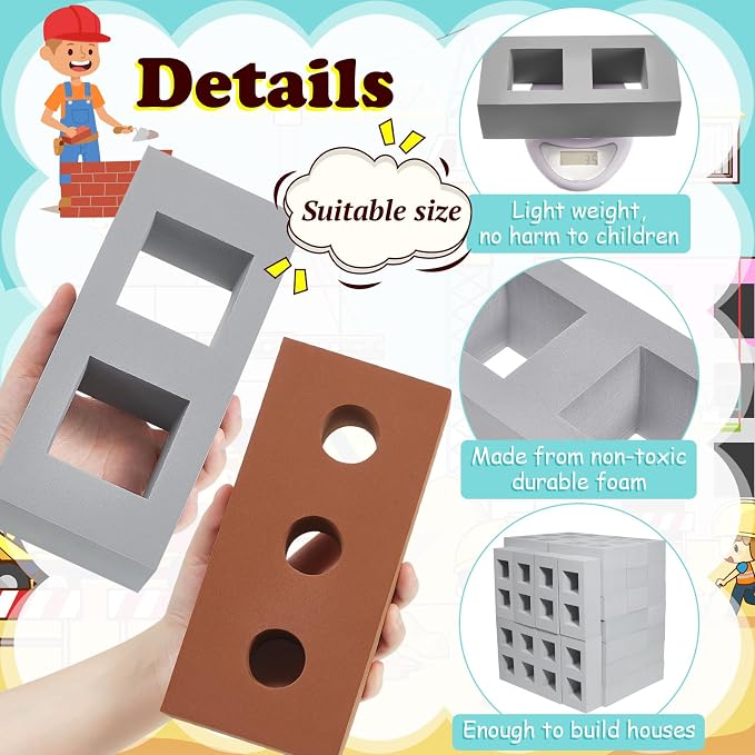 Deekin Foam Brick Building Blocks for Kids Thick Blocks Foam Large Fake Brick Construction Toy for Stacking Construction Gifts, 8 x 4 x 2.4 in(30 Pcs,Square Circle Holes)