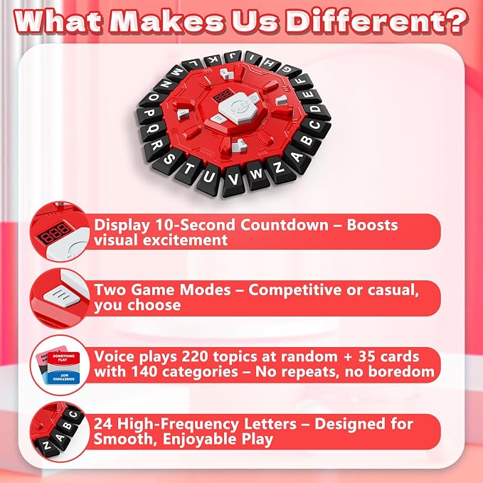 Resflycheng Word Game Family Board Game with Digital Display Timer and 2 Categories Modes Fun Fast-Paced 24-Letter Game for Learning Party Interactive (Red)