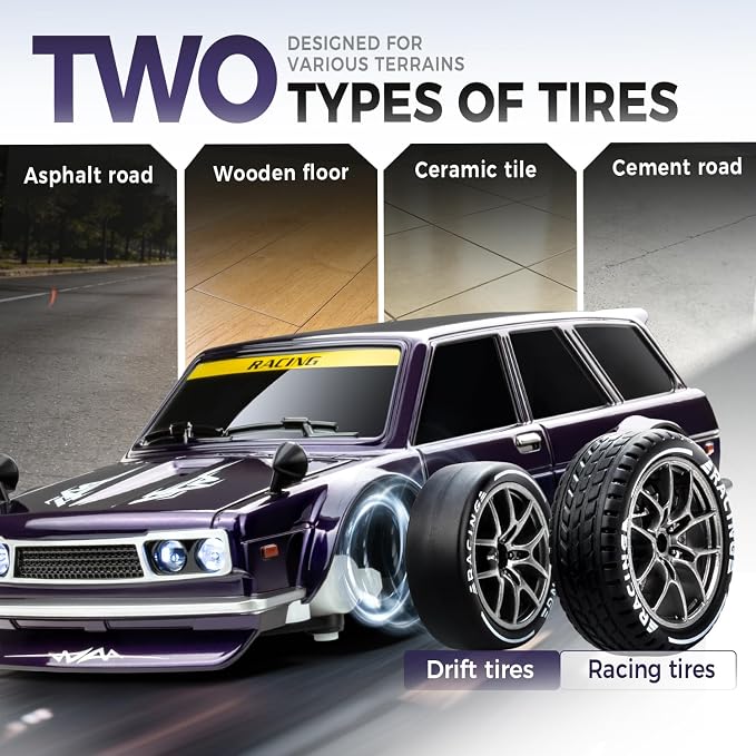 RC Drift Car, 1/24 Remote Control Drift Car for Adults Kids, 20KM/H 4WD Low/High Speed RC Cars with LED Lights, Extra Drifting Tires, Vehicle for Boys Girls Beginners Indoors Outdoors Purple