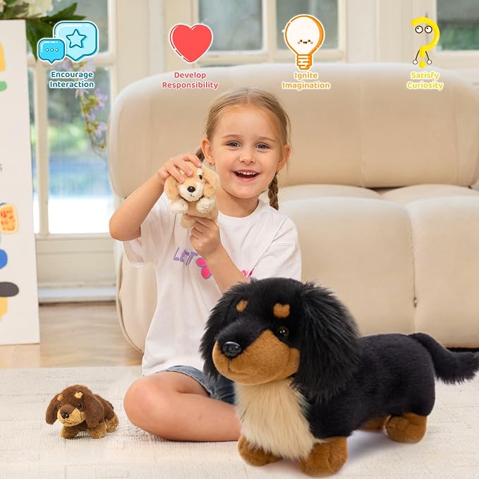 MorisMos Dachshund Stuffed Animal Plush Toys, 20'' Realistic Long Haired Dachshund Toys Gift for Kid Toddler Women, Mama Puppy Surprise with Baby Dog Stuffed Animals,Cuddle Black Weiner Dog Pillow
