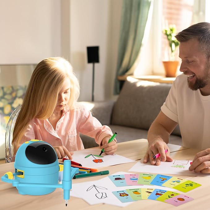 Drawing Robot for Kids with Card-Sensing Camera, 150 Learning Cards and 17 Colored Pens, Smart Painting Art Machine with Voice Guide for Boys Girls, Step-by-Step Auto Drawing for STEM Early Learning