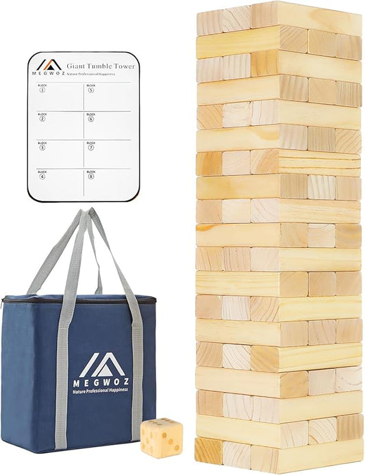 Megwoz Medium Tumble Tower Games for Kids and Adults 57 Blocks New Zealand Pine Wooden Blocks Stacking to 3FT Family Game for Indoors Outdoors Yard Games for Family