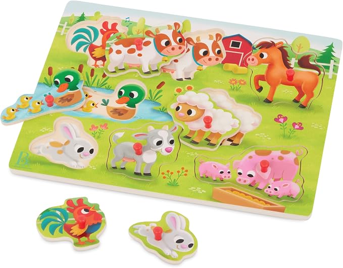B. toys – Peek & Explore – Farm Animals – Wooden Peg Puzzle – Toddler Puzzle with 8 Animal Pieces – Cow, Horse, Sheep & More – 2+ Years