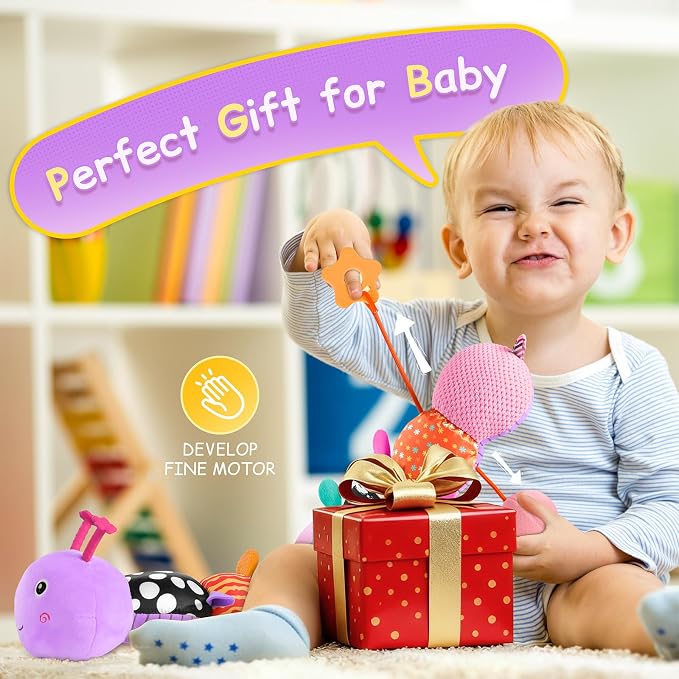 Baby Sensory Musical Caterpillar Plush Toy, Soft Stuffed Animal with Mirror Crinkle Paper Rattle Teether, Tummy Time Play Toy for 0-12 Months Newborn Infant for Boys Girls, Purple