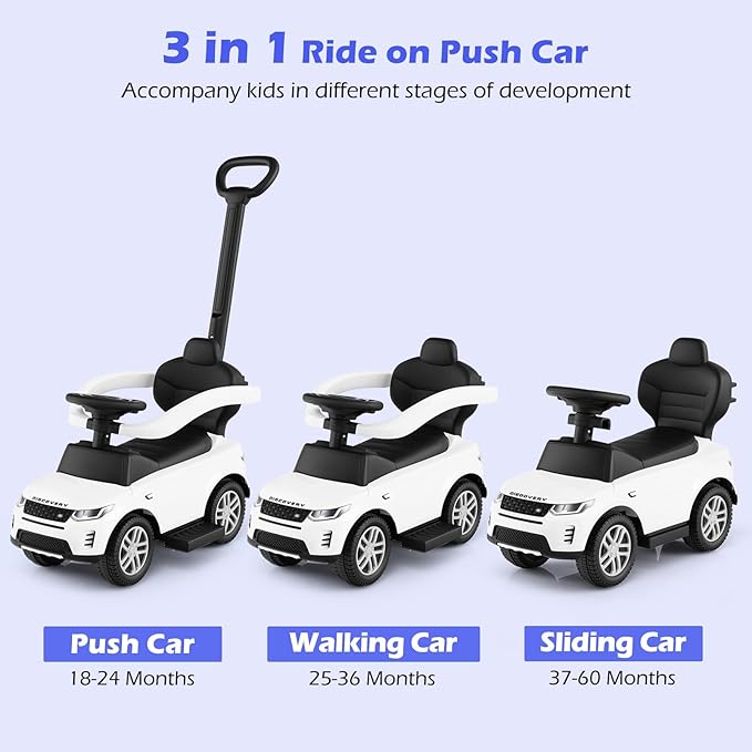 Licensed Push Car for Toddlers by INFANS, 3 in 1 Sliding Walking Car with Push Handle, Horn, Music, Underneath Storage, Foot-to-Floor Ride on Toys for Boys Girls (White)