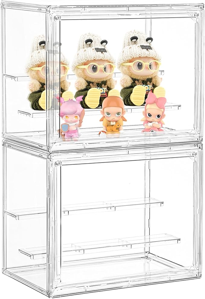 LXLXXL Small Acrylic Display Case for Collectibles 3 Layer Adjustable Display Case with Magnetic Door Clear Stackable Display Box for Mini Figures, 2 Pack
