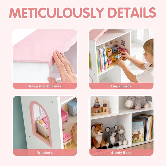 Kids Dollhouse Bookshelf and Toy Storage - Wooden Stand Dollhouse Bookcase with 3-Tier Storage Display, Bookshelf for Playing Room, Nursery, Gift for Boys Girls (8 Room - Pink with White)
