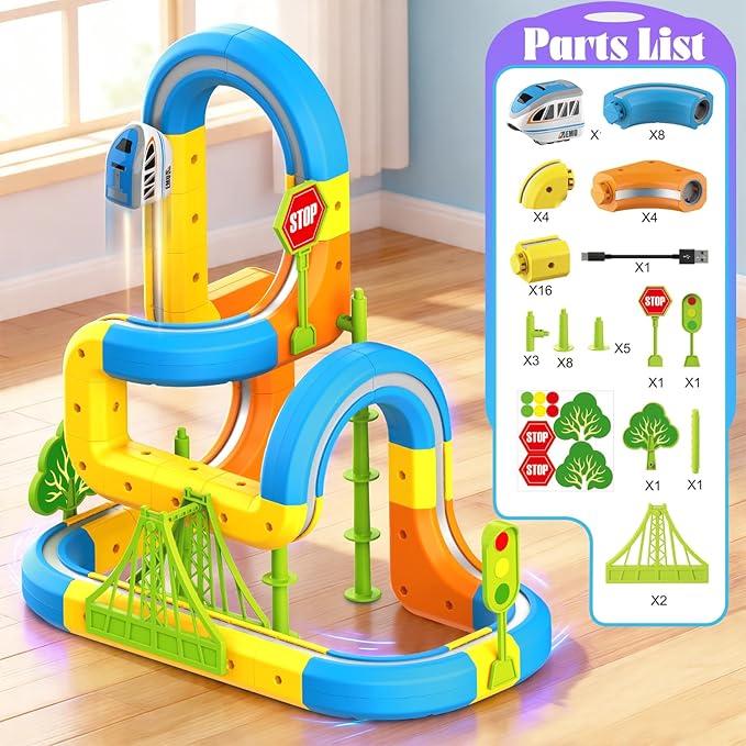 VEAIS Electric Train Set for Kids, 57Pcs 3D Flexible Race Track Sets, Gravity-Defying Motorized Car for Toddlers, Montessori STEM Train Tracks Toys,Birthday Gifts for Kids Boys Girls Age 3 4 5 6 7 8+