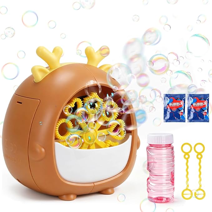 JONEG Bubble Machine Toys for Kids 3-8 Years Old - Bubble Blower Maker with Solutions, Outdoor Toy, Birthday Gift for 3 4 5 6 7 8 Year Old Girls Boys Toddlers (Deer-Brown)