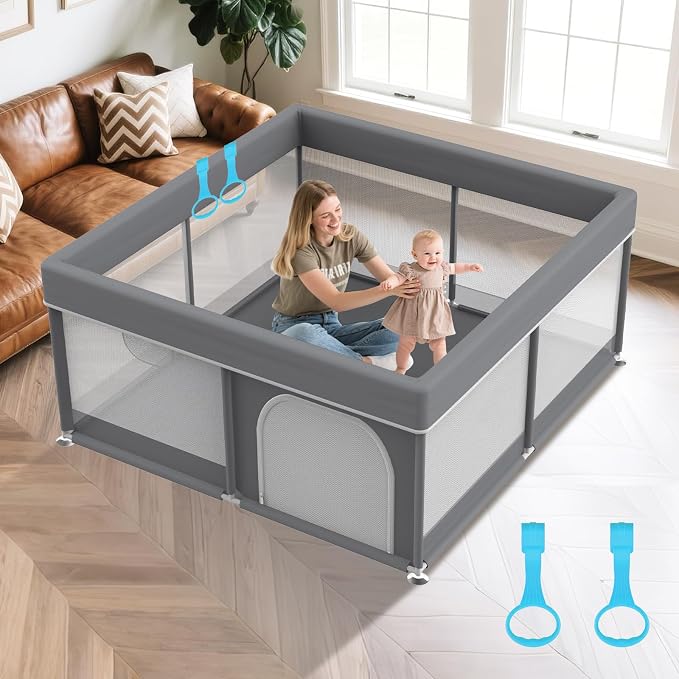 Grey Baby Playpen 64"x64" - with 2 Pull Up Rings Full Cover Anti-Collision Large Playard for Babies and Toddlers Dark Gray Pack n Play Alternative Safety Play Yard Infant Activity Center