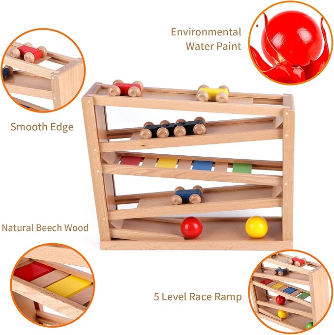 Qilay Wooden Race Track Car Ramp Racer Toy for Toddlers, 5 Level Race Car Ramp Toy Set Includes 4 Wood Cars and 3 Balls,Great Building Learning Toys or 3+ Years Old Boy and Girl