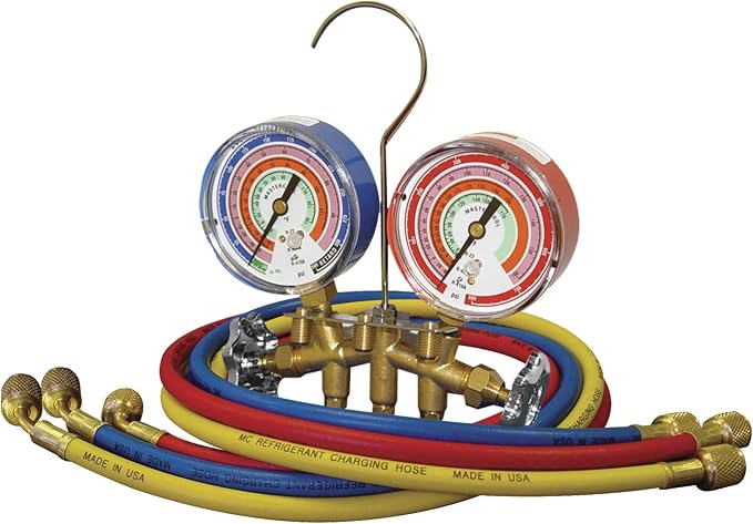 Mastercool 59136 2-Way Heavy Duty Brass Manifold Gauge Set with 3 1/8" Silicone-Dampened Gauges and 1/4" SAE Fittings for R410a, R22, R404A - U.S. Assembled & Tested with 36" Hoses