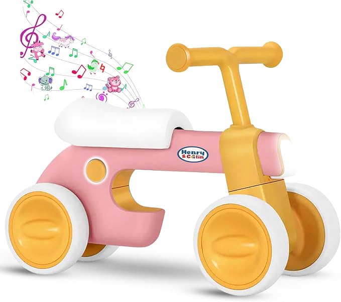 Henry & Colin First Balance Bike for 1 Year Old, 4 Wheel Toddler Bike with Fun Lights & Music, Soft Seat, No-Pedal Ride On Toy, 1st Birthday Gift for Boys & Girls Ages (12–36 Months) Classic Pink