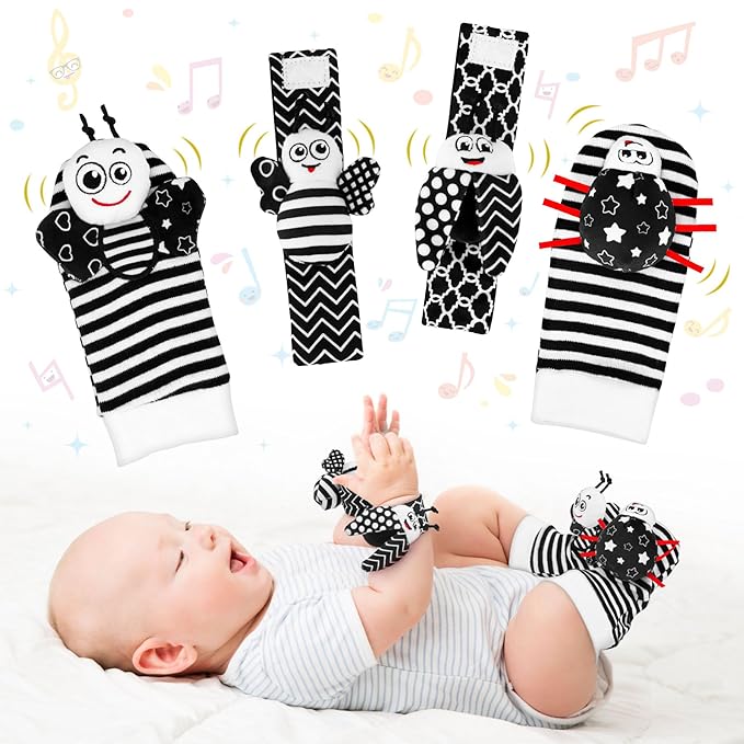 Baby Toys 0-6 Months - High Contrast Wrist Rattle Foot Finder Socks Set for 3 Month Baby Toys Infants, Soft Plush Sensory Rattles for Newborn Boys Girls Essentials Shower Gifts