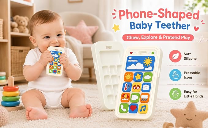 Baby Teething Toys Silicone Baby Phone Teether Over 3 Months - Sensory Chew Toys Baby Teether for Teething Relief - BPA Free Infant Toys Baby Shower Gifts (1, White)