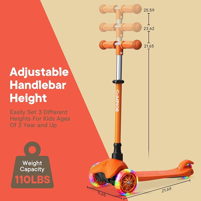 Orange Mini 3 Wheel Scooter for Kids – Lean-to-Steer with LED Light-Up Wheels, Adjustable Handlebar, Wide Anti-Slip Deck, Smooth PU Wheels, Rear Foot Brake – Toddler Scooter for Ages 2+