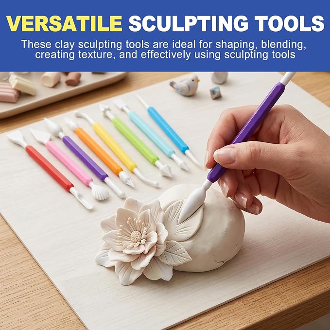 CepuXozi 9 Pcs Clay Sculpting Tools Kit, Double Ended Pottery Carving & Modeling Clay Tools, Air Dry Clay Tools for Kids, DIY Art Crafts, Lippan Art & School Work, Assorted Colors