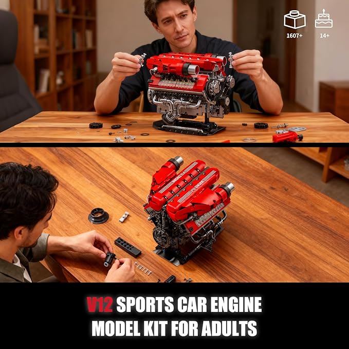 V12 Engine Model Kit That Runs, 12-Cylinder Sports Car Engine Building Set with Rechargeable Motor, Compatible with Lego for Adults, Engineering Construction STEM Toy for Teens (1607 PCS)