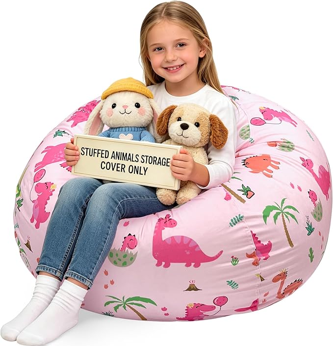 Lukeight Stuffed Animals Storage Bean Bag Chair Cover for Kids, Cozy Velvet Plush Toy Organizer Seat, Cover Only, No Filling Included, Long YKK Zipper, Side Pocket, X-Large 30 x 18 in