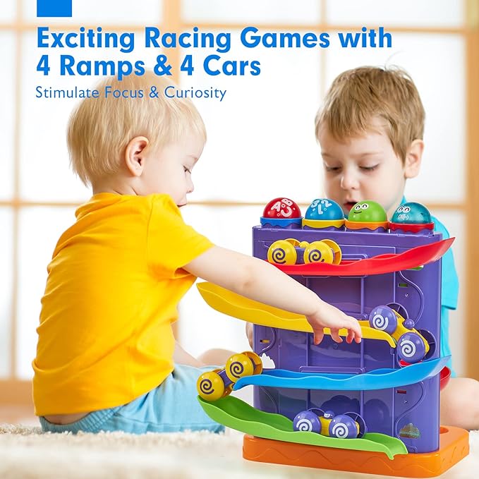 hahaland Ball Drop Toys for 1 Year Old, 2 in 1 Pound a Ball & Car Ramp Montessori Toys for 1 Year Old, Cause and Effect Toys with 4 Balls, 4 Cars & Squeaky Hammer, Toddler Birthday Gift 12M+