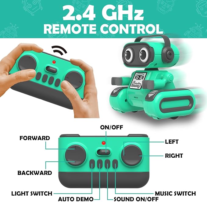 Green Rechargeable Remote Control Robot Toy for Kids Ages 3+ | Auto Demo, Recording & Repeat, Flexible Head & Arms, Rechargeable RC Robot, Great Birthday & Christmas Gift for Little Kids