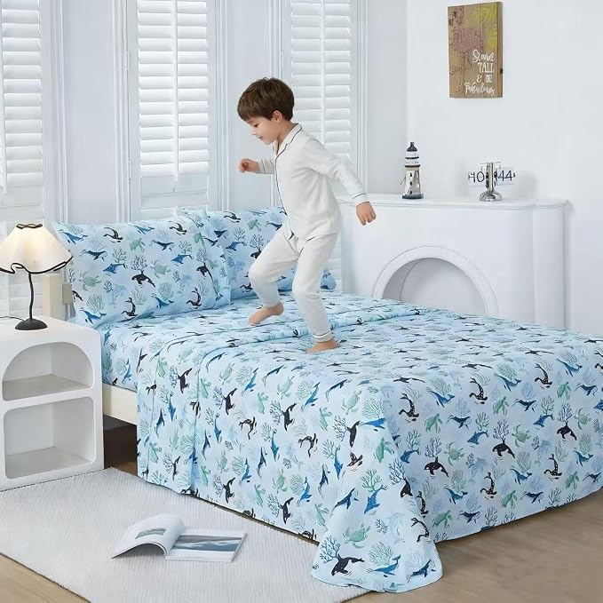 Viviland 4 Pieces Boys Blue Ocean Full Sheet Set - Soft Microfiber Fitted Flat Sheets & Pillowcases - Blue Ocean Whales, Sea Turtles, Marine Organisms Bedding Sets - for Kids & Toddlers