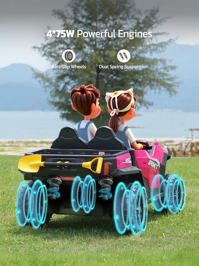 ELEMARA 24V Ride on Toy for Big Kids,Ride on Car 2 Seater w/Sun Shade,Dump Bed & Shovel,4.5MPH,4WD Electric Car for Kids,Battery Car w/Remote,Kids Ride on Truck,3 Speeds,LED Lights,Bluetooth, Pink