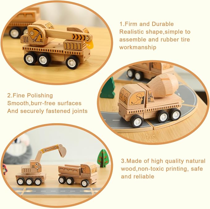 6-Piece Wooden Construction Vehicle Toys Set with Bulldozer, Excavator, Crane, Dump Truck – Montessori Toddler Toys Ages 2-4, All-Natural Safe Push & Go Gift for Boys & Girls