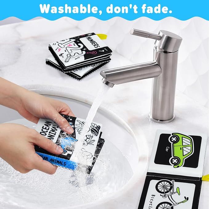 OKOOKO 12PCS Soft Baby Books Black and White High Contrast Soft Cloth Bath Books Crinkle Washable Non-Toxic Early Education Preschool Learning Toy for Newborns Babies Infants Toddlers Kids