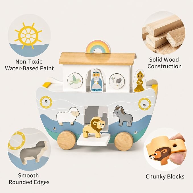 Wooden Noah’s Ark Toy with Cloth Book, Baptism Gifts for Boys and Girls, Christian Shape Sorter and Pull Along Playset for Toddlers 18M+, Animal Matching, Stacking and Threading Toys