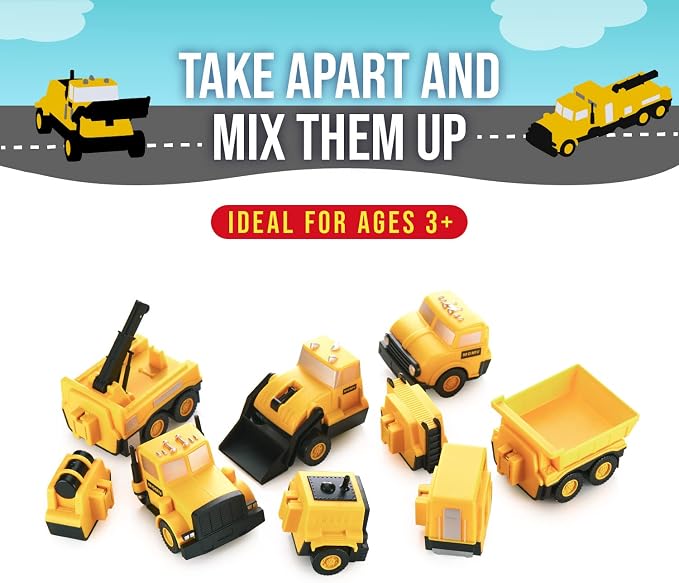 Popular Playthings Magnetic Vehicles for Toddlers 1-3, Mix or Match Car Toys, Set of 3 Gift for Kids - Construction Vehicles