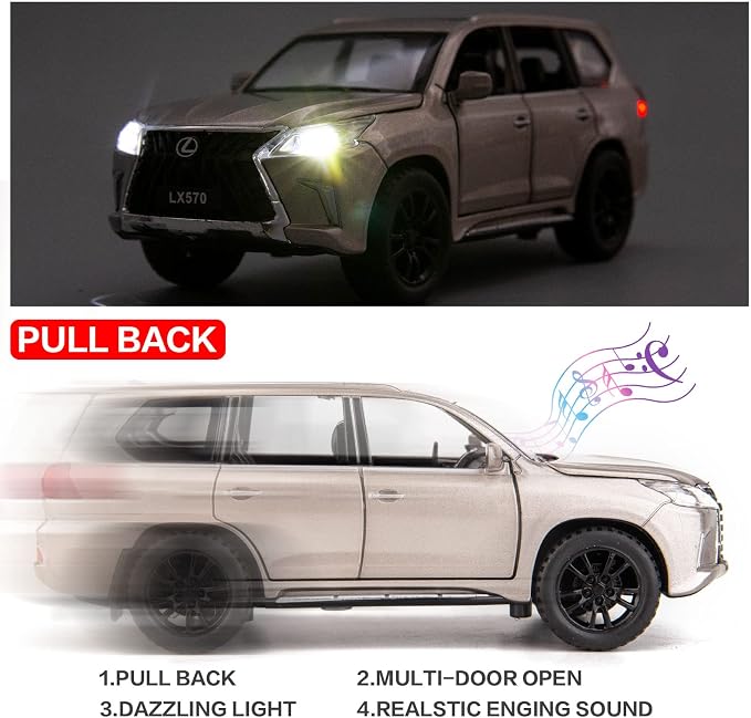 BDTCTK 1/32 Compatible for Lexus LX570 Off-Road in Luxury SUV Model Car, Zinc Alloy Pull Back Toy car with Sound and Light for Kids Boy Girl Gift(Silver)