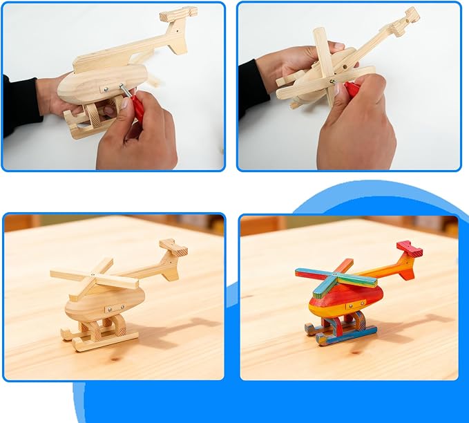 Easy Playhouse: Wood Building Toy Kit - DIY 3 Vehicle Projects: Helicopter, Truck & Excavator, 12 Paint Colors & 2 Brushes, Arts & Craft Set, Kids 8+