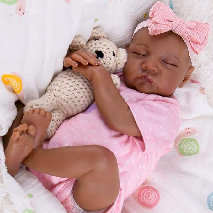 Aori Lifelike Reborn Baby Dolls Black - 18-Inch Realistic American Newborn Real Life Black Girl with Feeding Kit & Gift Box for Kids Age 3+
