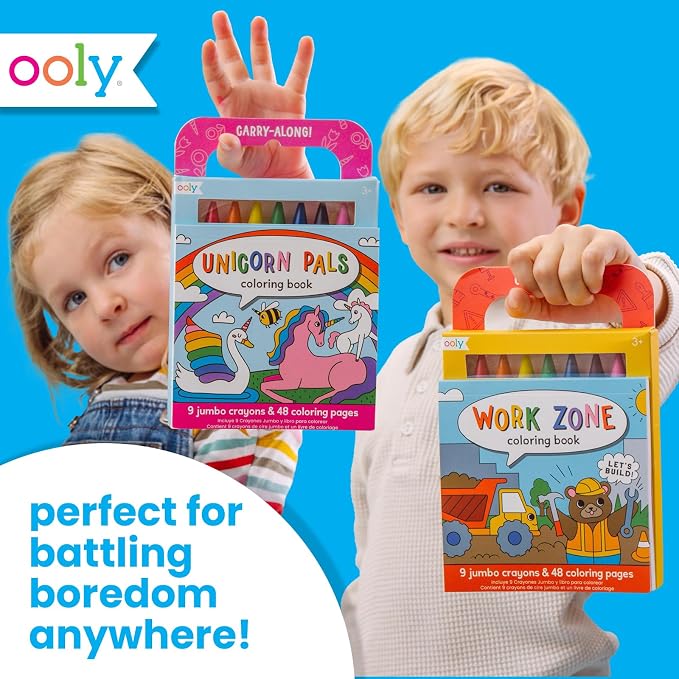 Ooly Kids Travel Activity Kit – 9 Jumbo Crayons & 48 Coloring Pages, Car Crafts for Kids, Mess-Free Road Trip Art Set, Airplane Activities – Unicorn Pals
