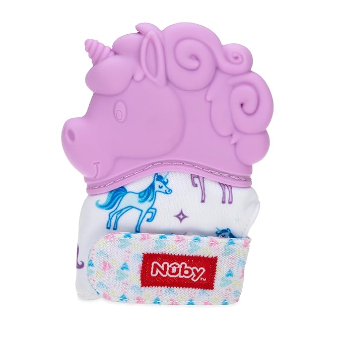 Nuby Happy Hands Silicone Teething Mitten for Babies - Soft Silicone Massaging Teether - Soothes Sore Gums - Easy-to-Wear and Machine Washable - 3+ Months - Unicorn