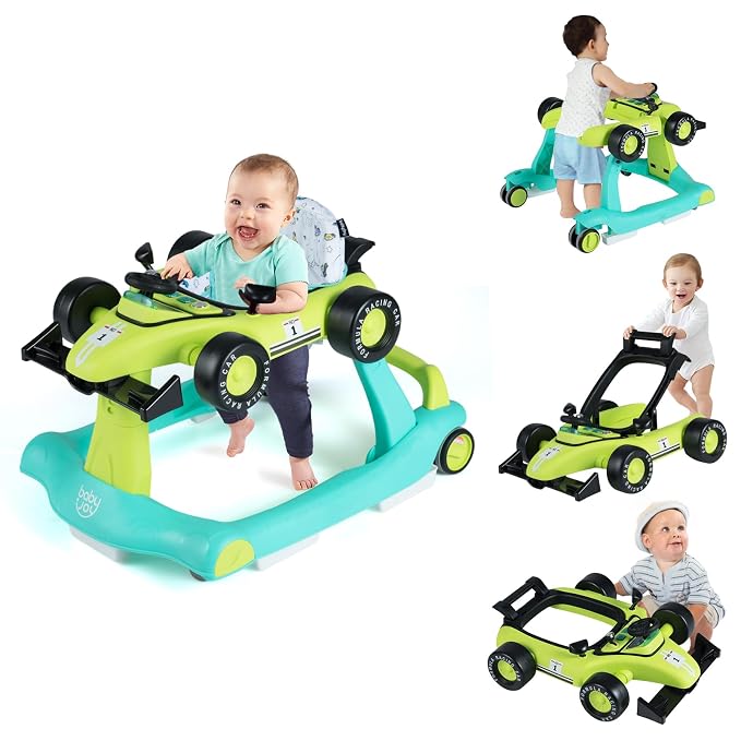 BABY JOY 4-in-1 Baby Walker, Foldable Activity Walker with Adjustable Height & Speed, Music, Lights, Anti-Rollover, Toddler Push Walker, Baby Walker with Wheels for Boys Girls 6-18 Months (Green)