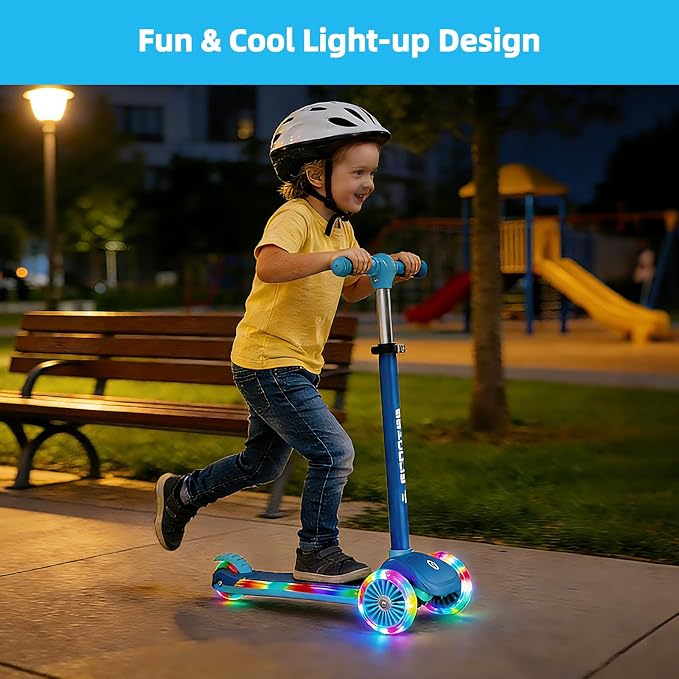 KORIMEFA Scooter for Kids Ages 3-8 with Light-Up Wheels & Deck, 3-Wheel Toddler Scooter with Adjustable Height, Anti-Slip Deck, Lean-to-Steer