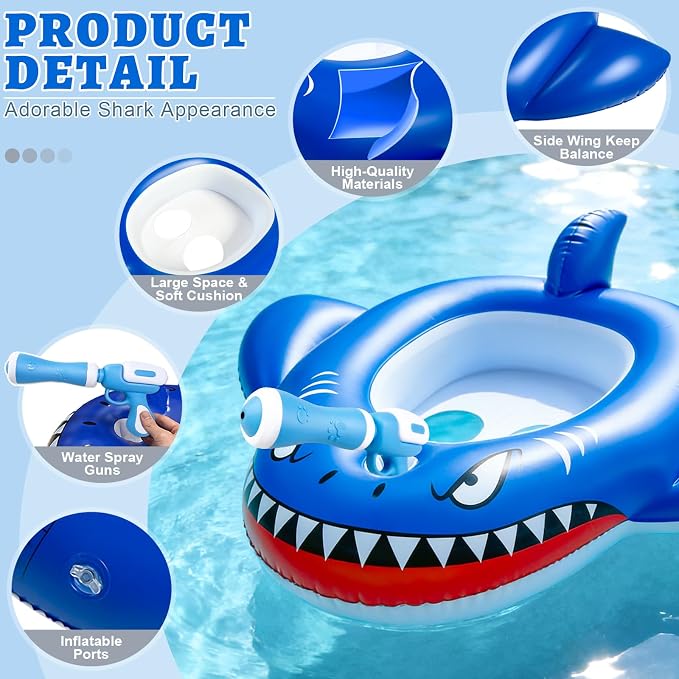 2 Pack Inflatable Shark Pool Floats Kids 3-11 Years, Kids Floaties Swimming Pool Toys with 2 Water Squirt Guns Boys Girls Party Float Ride-on Toddler Floatie with Safety Seat Summer Outdoor Water Game