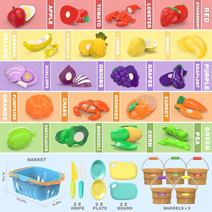 Cutting Play Food Toys for Kids, Pretend Play Kitchen Accessories, Cutting Food Sorting Toy, Fake Fruits/Vegetables Set with Shopping Storage Basket, Plastic Board and Knife, Birthday Gift